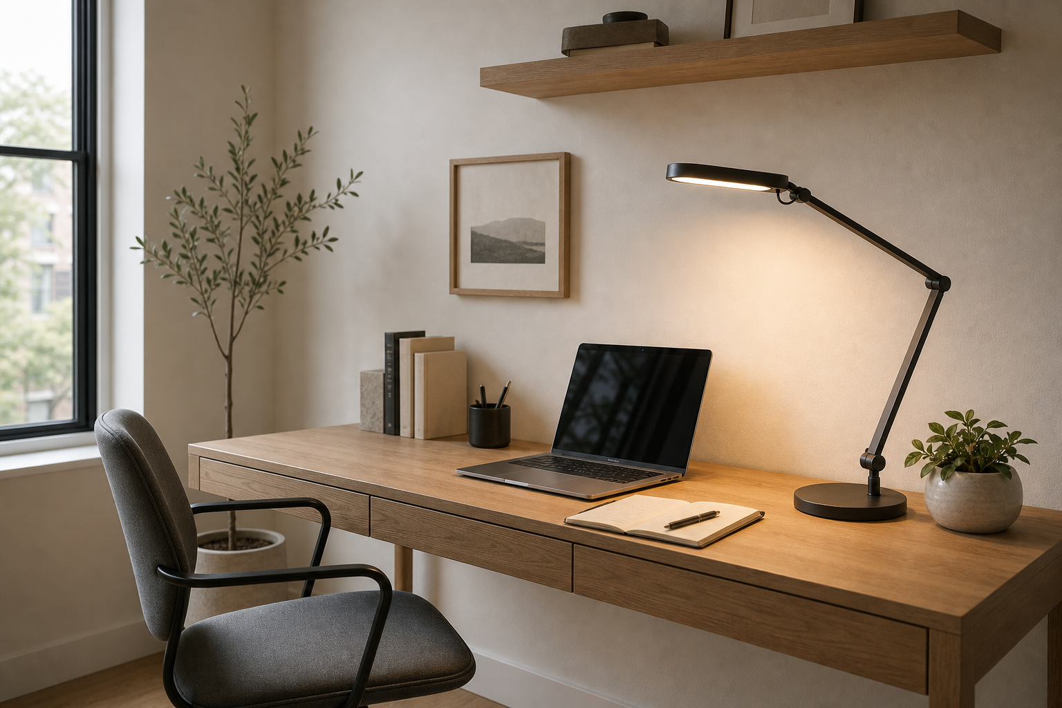 Minimalist home office with a black articulated desk lamp, timber desk, laptop, side window, dark chair, floating shelf, framed print, and small plants