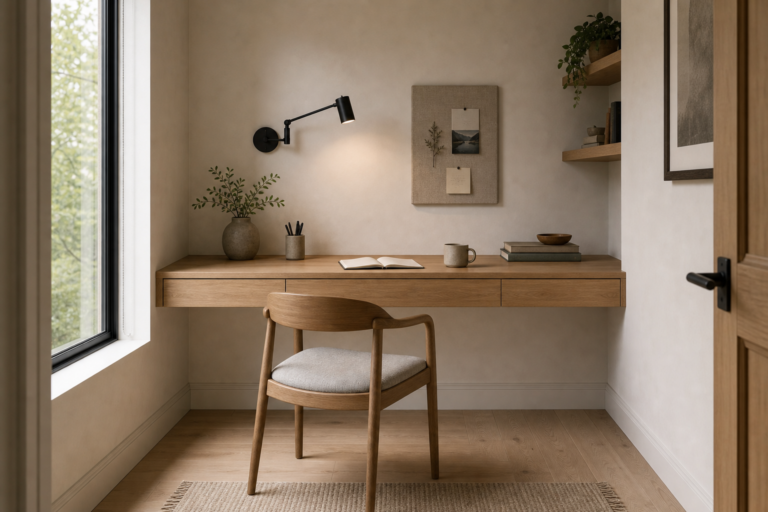 Minimalist home office with a three-drawer wall-mounted timber desk, open leg space, tall black-framed window, adjustable task sconce, pin board, floating shelves, and single chair
