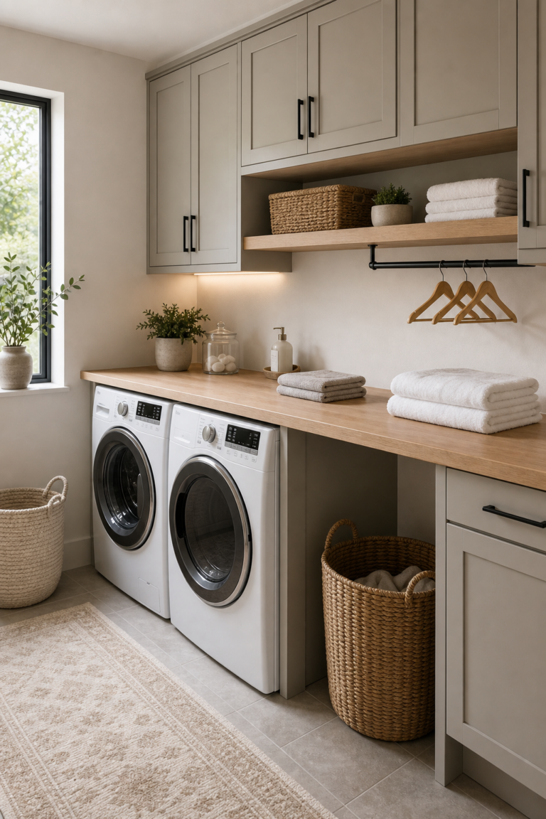 Minimalist laundry room with a long timber-toned folding counter, paired machines, open basket bay, black hanging rail, pale cabinets, and folded towels