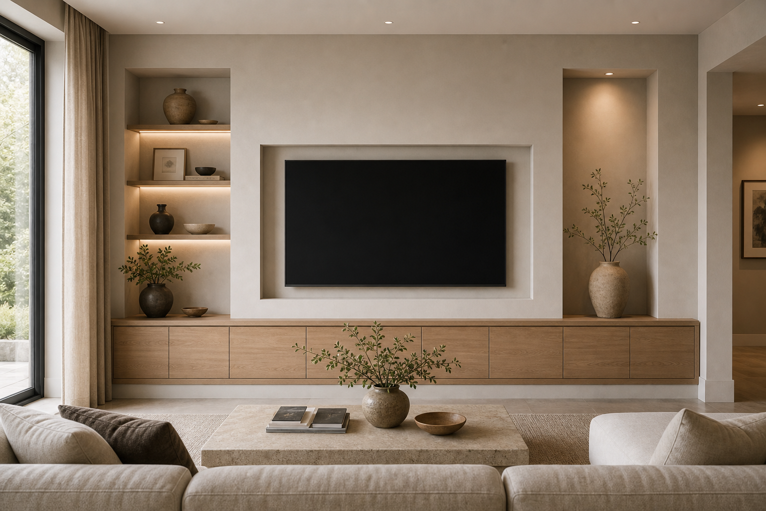 Minimalist living room with a recessed television, thick pale surround, long floating timber-toned cabinet, illuminated display shelves, tall lit art niche, pale sectional seating, low coffee table, neutral rugs, and garden glazing