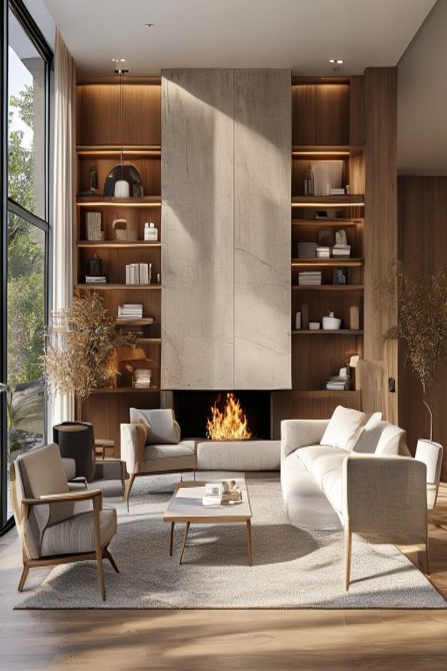 Minimalist living room with a floor-to-ceiling fireplace, balanced illuminated bookshelves, pale seating, a low table, and a large window