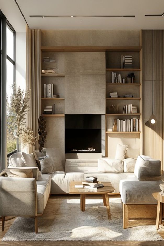 Minimalist living room with facing pale seats, a low wood table, compact fireplace, open shelves, a large window, and clear circulation