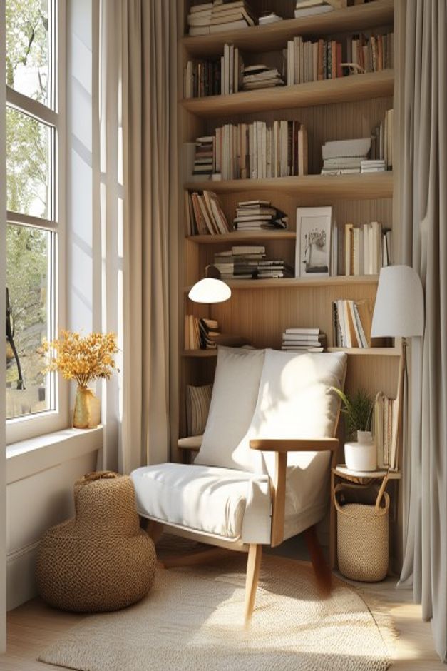 Minimalist reading nook with a wall-mounted task light, slim floor lamp, bright side window, pale armchair, and built-in shelves