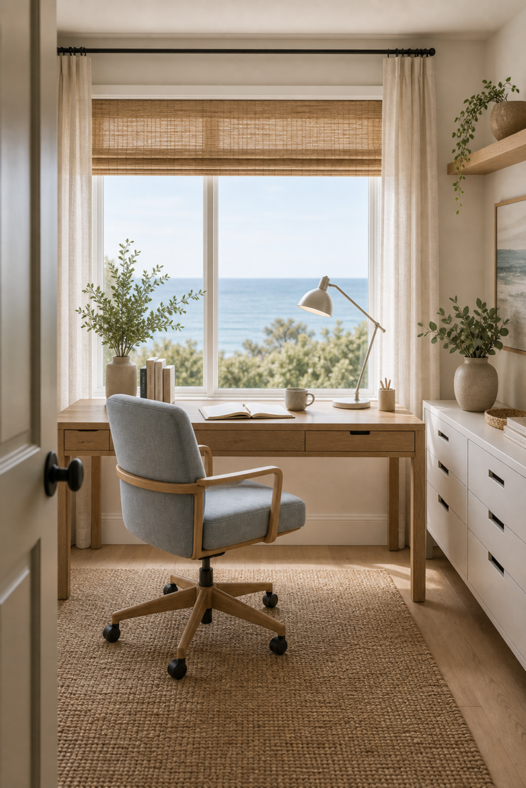 Modern coastal home office with a timber desk centered below an ocean-view window, woven shade, sheer curtains, pale blue chair, task lamp, side drawers, and plants