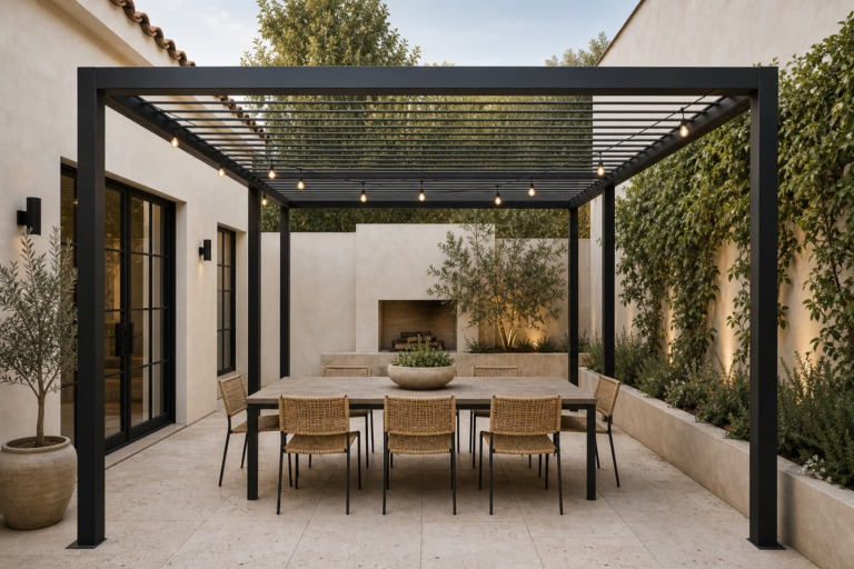 Modern Courtyard Outdoor Dining Pergola featuring a black open-frame pergola centered over an outdoor dining set