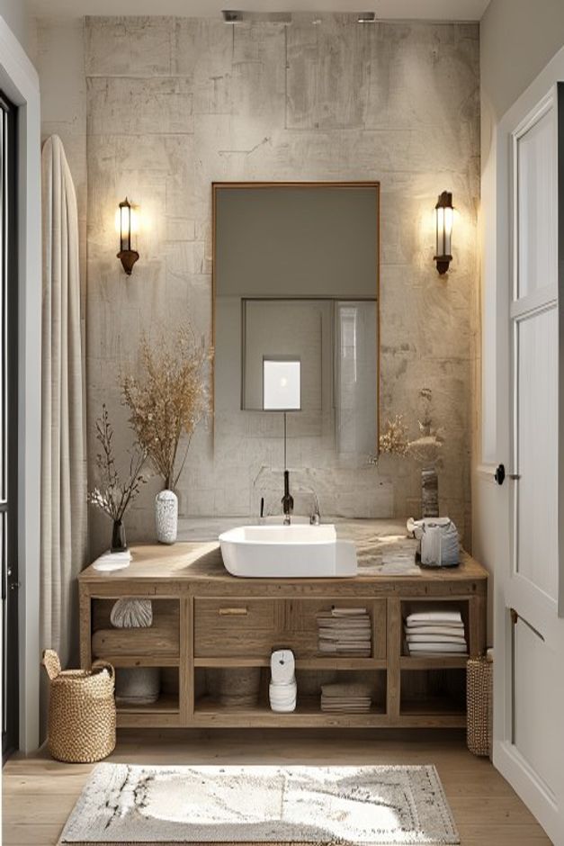 Modern Farmhouse Bathroom Vanity Wall with Plaster and Wood