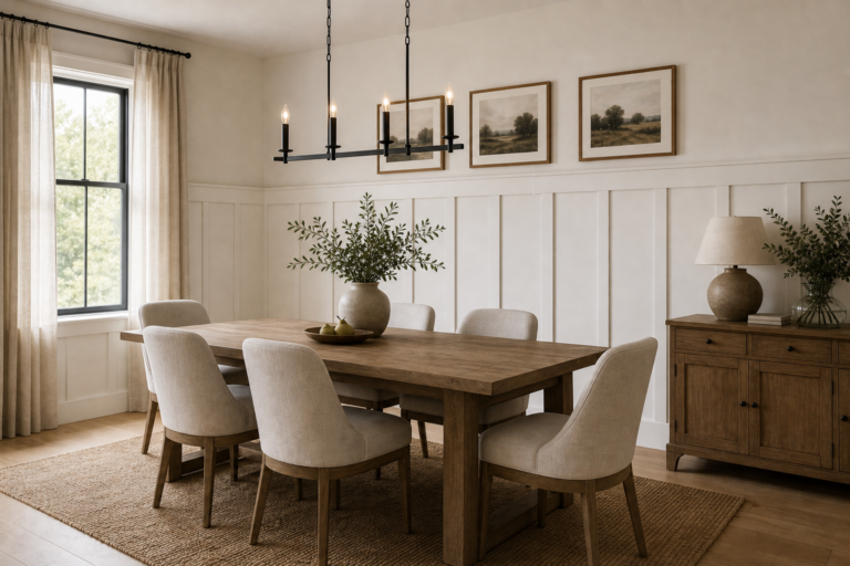 Modern Farmhouse Dining Room Board and Batten featuring white board-and-batten paneling wrapping the dining wall