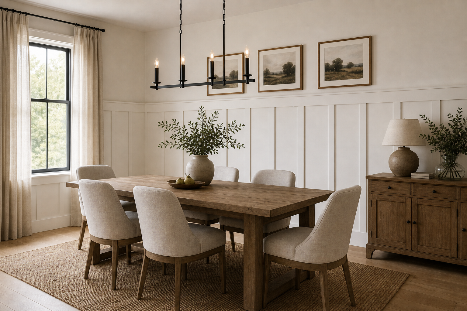 Modern Farmhouse Dining Room Board and Batten featuring white board-and-batten paneling wrapping the dining wall