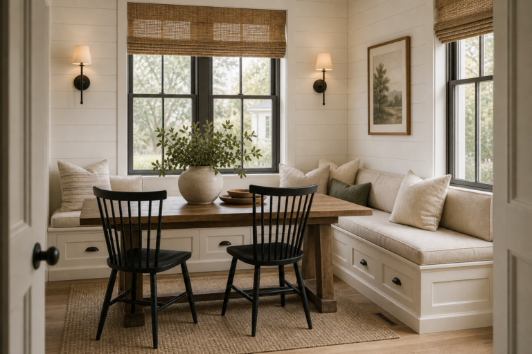 Modern farmhouse dining nook with a U-shaped window banquette, drawer fronts, pale cushions, timber table, black spindle chairs, woven shades, sconces, and branches