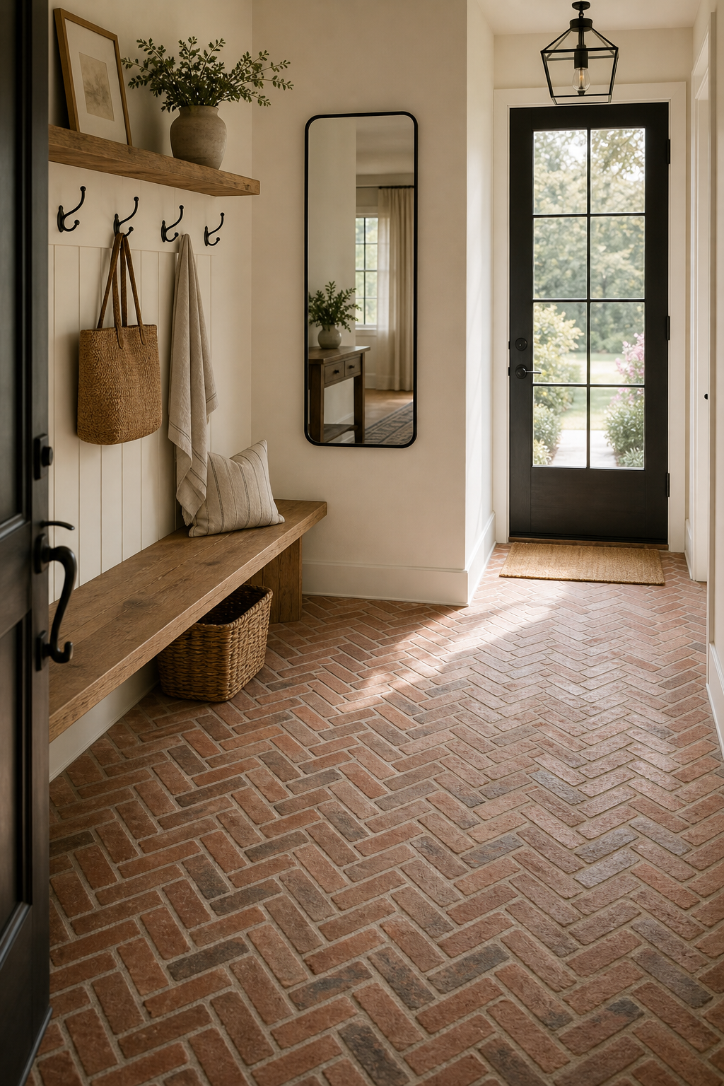 Modern Farmhouse Entryway Herringbone Brick Floor featuring a warm herringbone brick floor leading to a glazed dark door