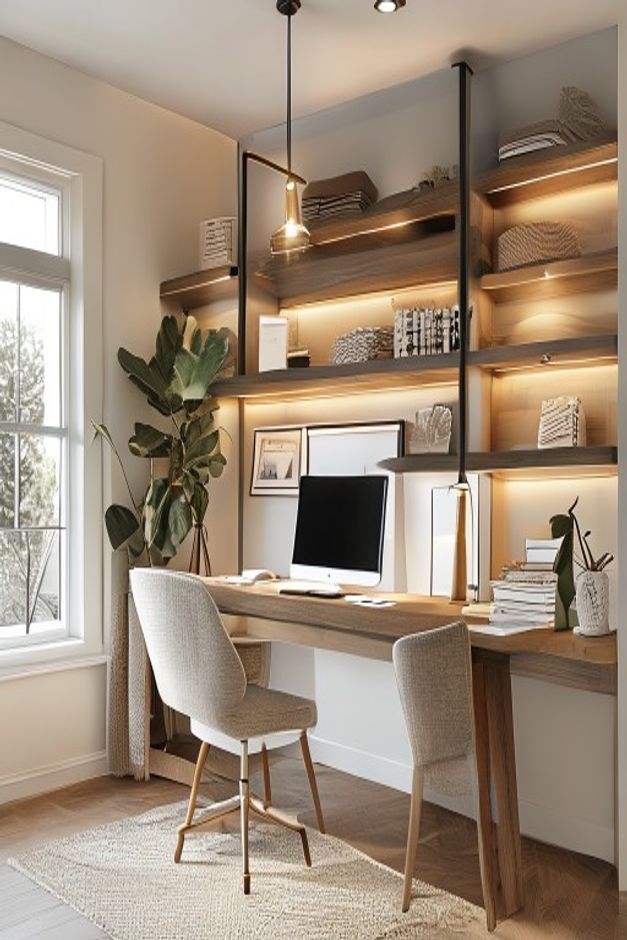 Modern Farmhouse Home Office Shelf Lighting Ideas