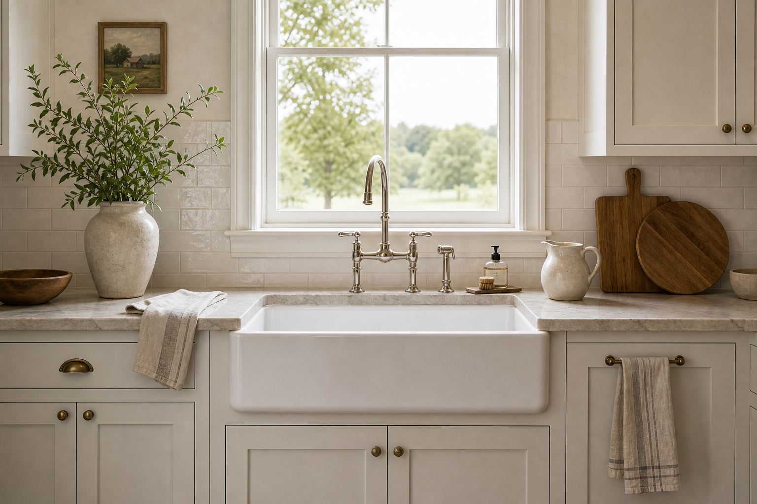 Modern farmhouse kitchen with a white apron sink under a large garden window, pale inset cabinets, glossy tile, light counter, bridge tap, brass hardware, pottery, and timber boards