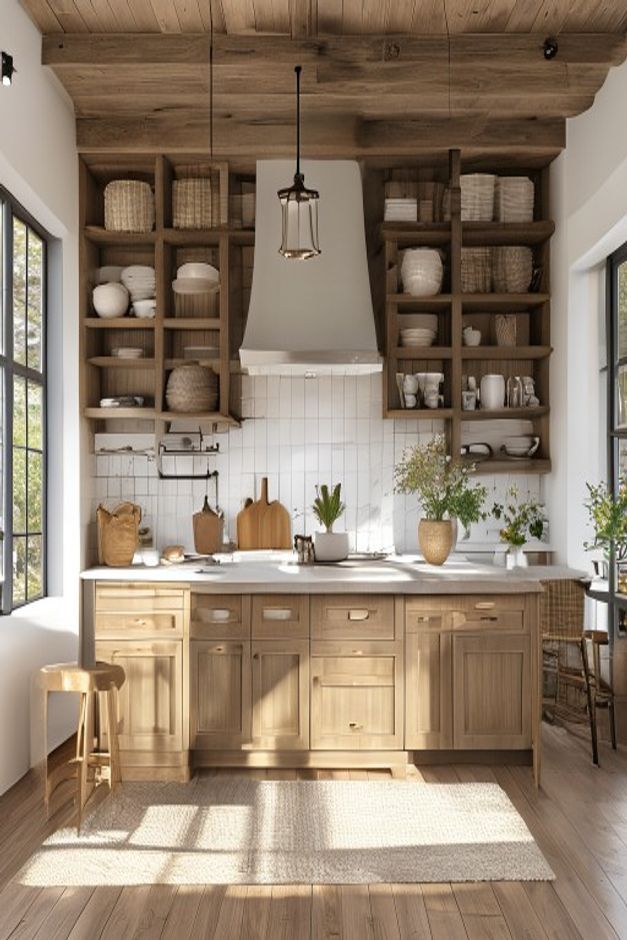 Modern farmhouse kitchen with a centered pale range hood, symmetrical open shelves, wood cabinets, tiled backsplash, and side windows
