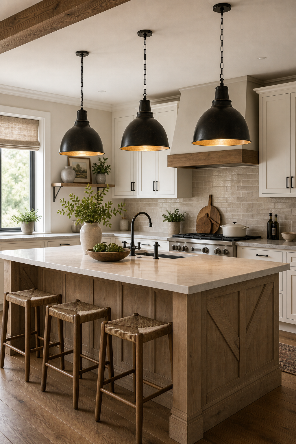 Modern farmhouse kitchen with three oversized black dome pendants above a timber island, pale counter, black faucet, woven stools, and bright side window