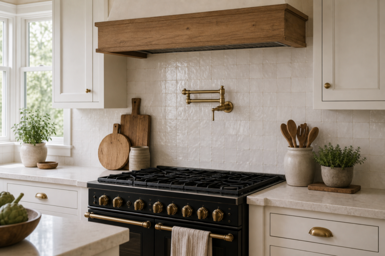 Modern Farmhouse Kitchen Range-Wall Pot Filler featuring a folded warm-metal pot filler centered over a dark range