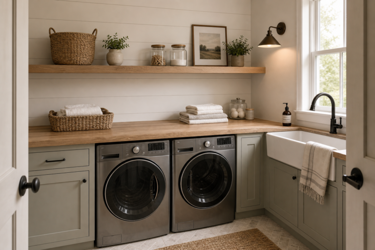 Modern farmhouse laundry room with a timber folding counter, paired front loaders, apron sink, painted cabinets, open shelf, baskets, jars, towels, black sconce, and window