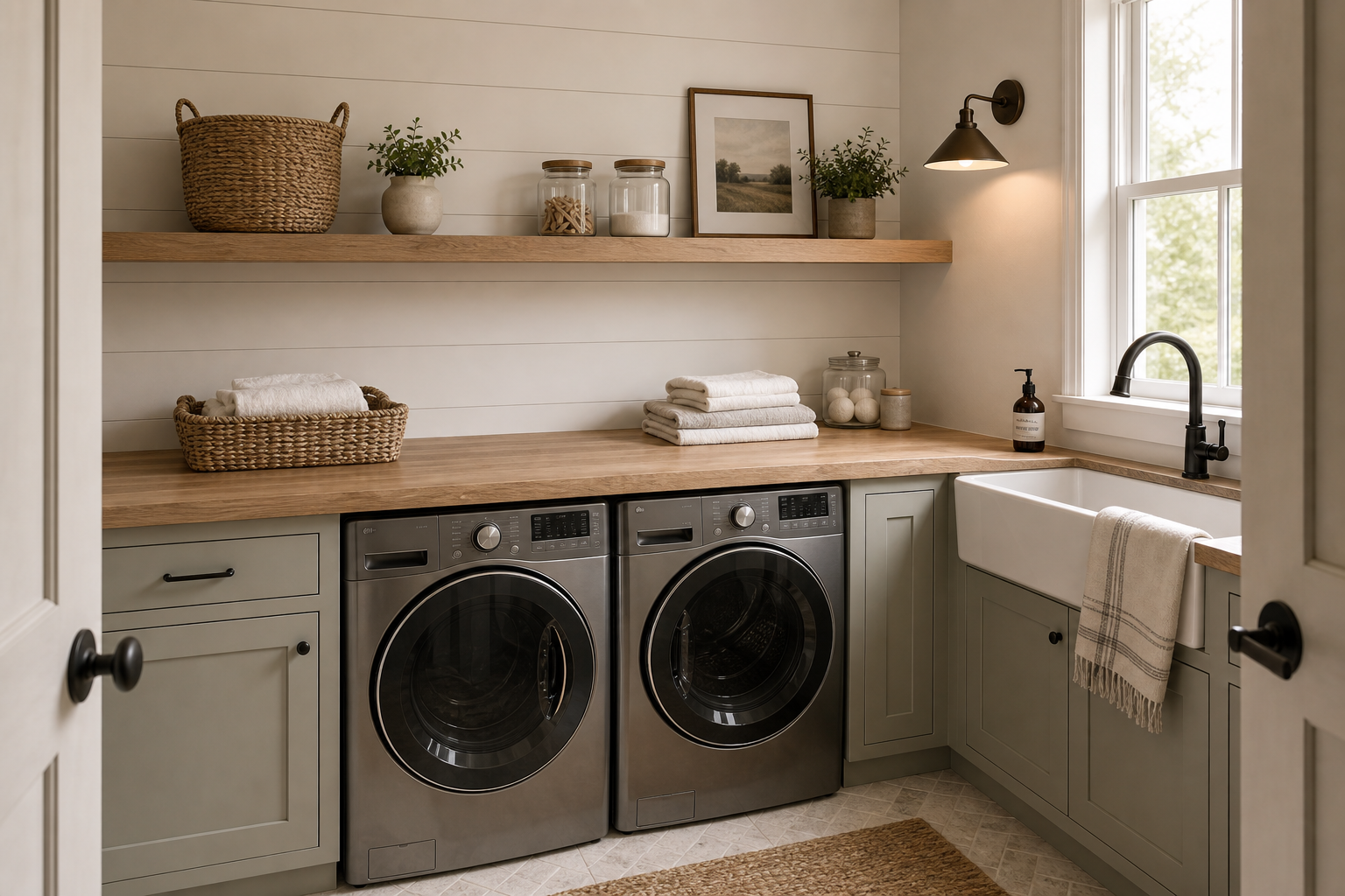 Modern farmhouse laundry room with a timber folding counter, paired front loaders, apron sink, painted cabinets, open shelf, baskets, jars, towels, black sconce, and window