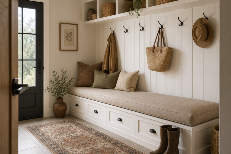 Modern Farmhouse Mudroom Bench Cushion featuring a long pale cushion fitted across a paneled mudroom bench