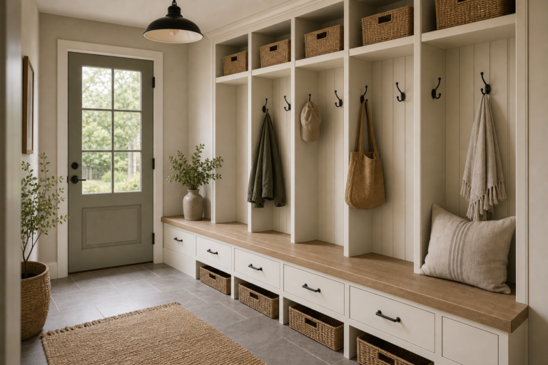Modern farmhouse mudroom with six open lockers, black hooks, continuous timber-toned bench, lower drawers and basket cubbies, upper woven baskets, glazed garden door, pendant, and pale tile