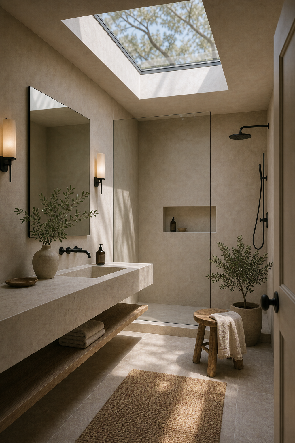Modern Organic Bathroom Roof Skylight featuring a rectangular roof skylight illuminating a narrow bathroom