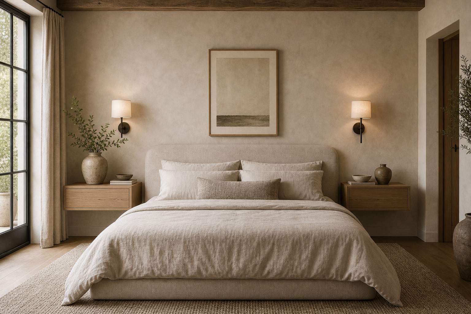 Modern organic bedroom with paired timber-toned floating nightstands, wall sconces, pale upholstered bed, neutral bedding, central art, dark ceiling beam, garden glazing, and pottery