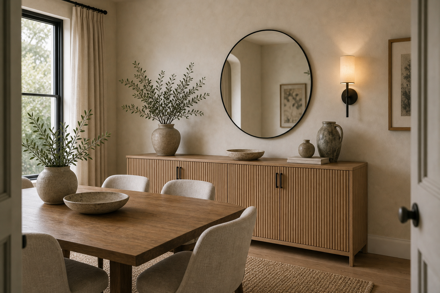 Modern organic dining room with a long fluted sideboard, round mirror, wall sconce, ceramic vessels, branches, timber table, pale upholstered chairs, woven rug, and side window