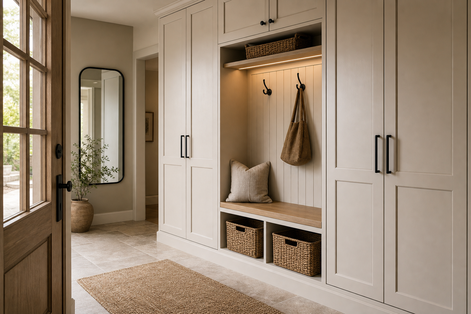 Modern organic entryway with full-wall pale built-in cabinets, timber-toned bench, illuminated hook recess, woven baskets, black hardware, arched mirror, and glazed door