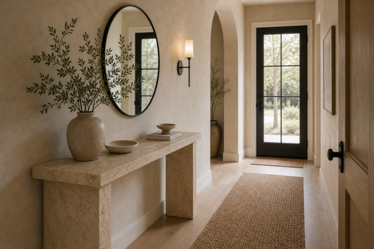 Modern Organic Entryway Pale Stone Console featuring a narrow pale stone console beneath a round dark-rimmed mirror