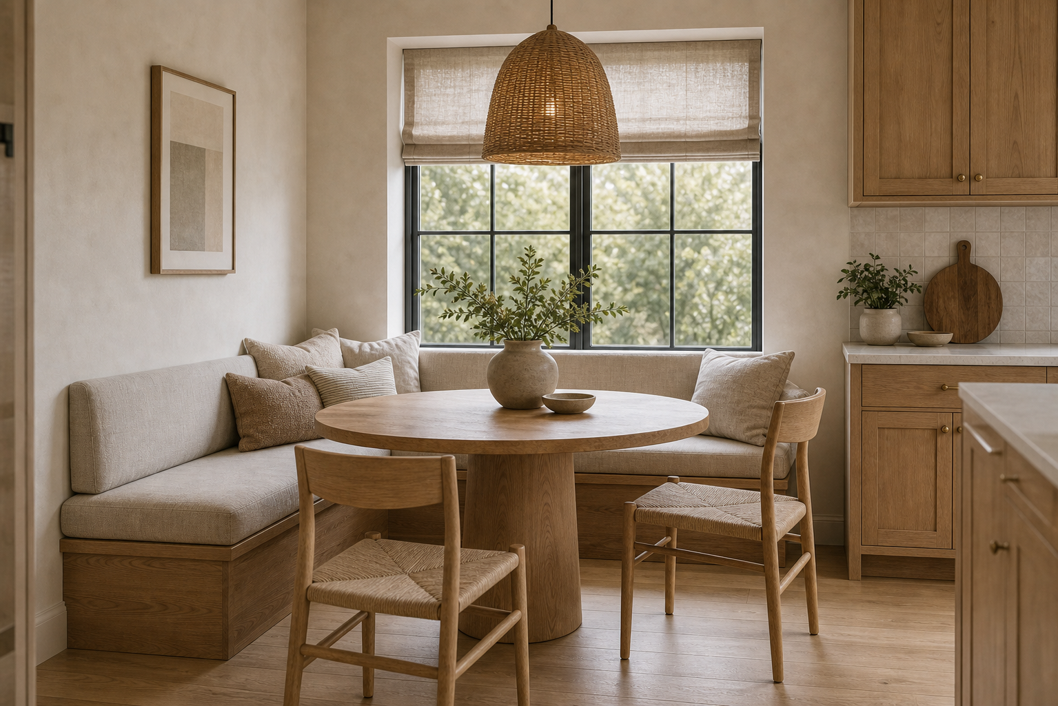 Modern Organic Kitchen Banquette Seating featuring an L-shaped pale banquette wrapping a round kitchen table