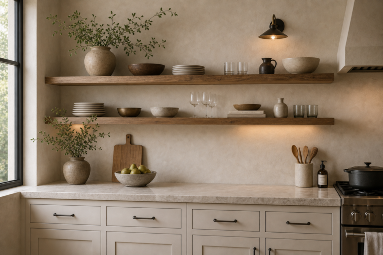Modern organic kitchen with three timber open shelves, pale drawers and counter, tableware, pottery, boards, plants, a dark range, wall light, and side window
