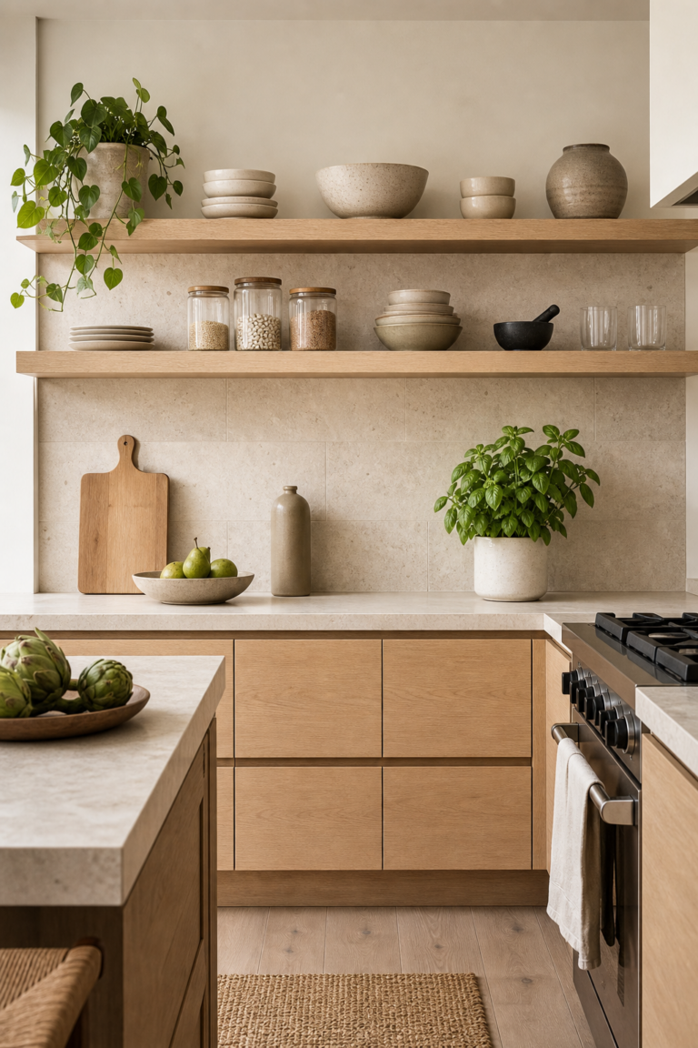Modern organic kitchen with two long wood-toned open shelves, pale rectangular tile, dishes, glassware, plants, a pale counter, and warm lower cabinets