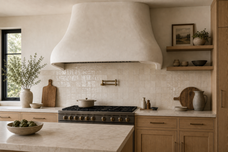 Modern Organic Kitchen Plaster Range Hood featuring a broad sculpted plaster range hood above a dark cooker