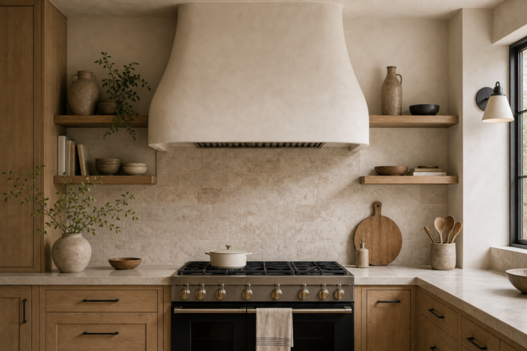 Modern organic kitchen with a broad curved pale range hood, black range, textured rectangular backsplash, symmetrical timber shelves, warm cabinetry, pottery, boards, utensils, and black-framed window