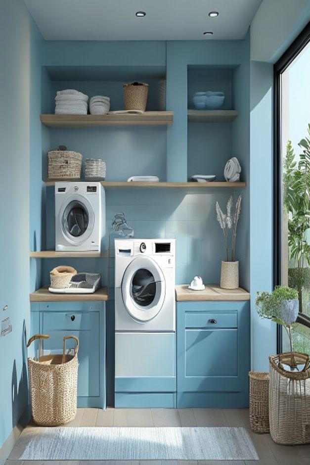 Modern Organic Laundry Room in Soft Blue and Natural Wood