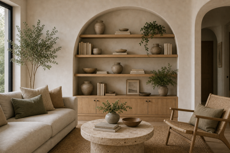 Modern Organic Living Room Arched Bookshelf featuring a broad plaster arch containing warm timber shelves and closed lower cabinets