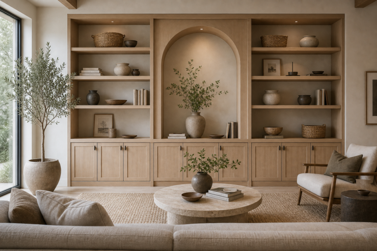 Modern organic living room with light wood built-in shelving, closed cabinets, arched niche, neutral sofa and round stone coffee table