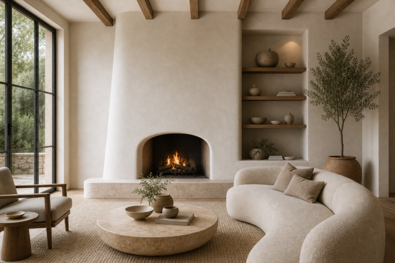 Modern Organic Living Room Curved Hearth Wall featuring a softly curved pale hearth wall with a low dark fire opening
