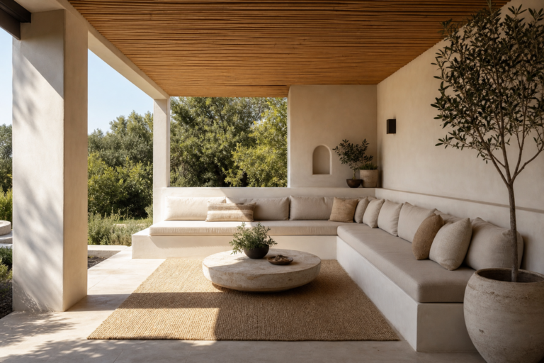 Modern Organic Covered Patio L-Shaped Bench featuring an L-shaped pale built-in bench beneath a slatted ceiling