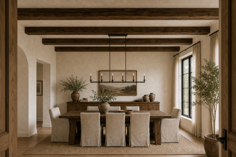 Dining Room Dark Timber Beam Ceiling featuring a regular sequence of dark exposed beams above the dining table