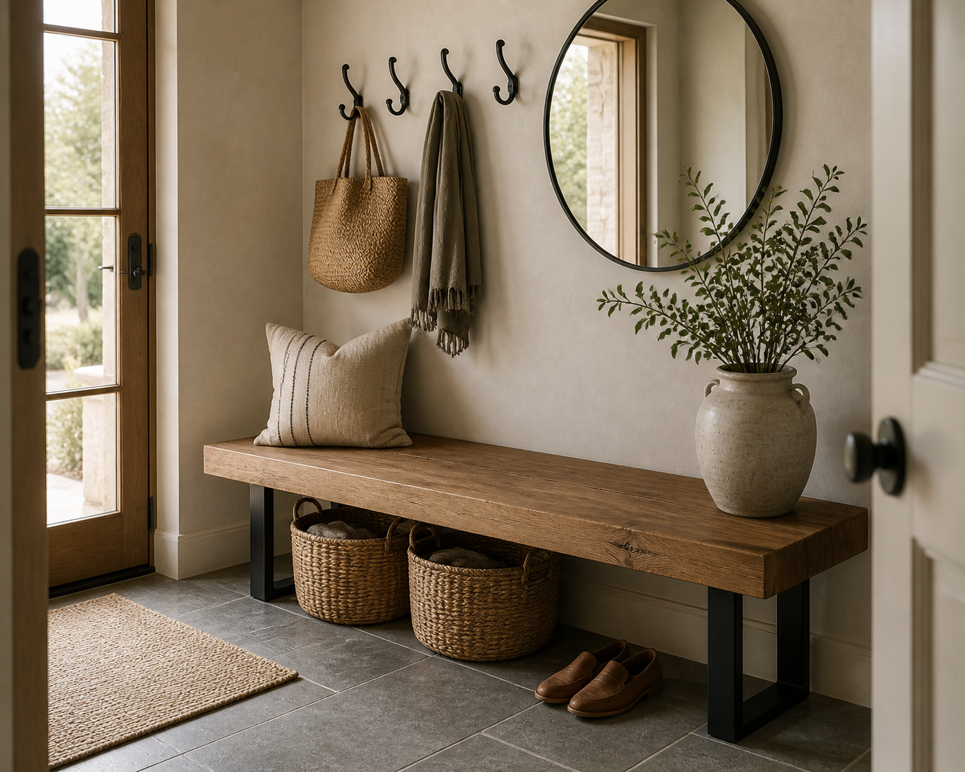 Modern rustic entryway with a long timber bench, black legs, wall hooks, woven bags and baskets, round mirror, branch vessel, garden door, and dark floor