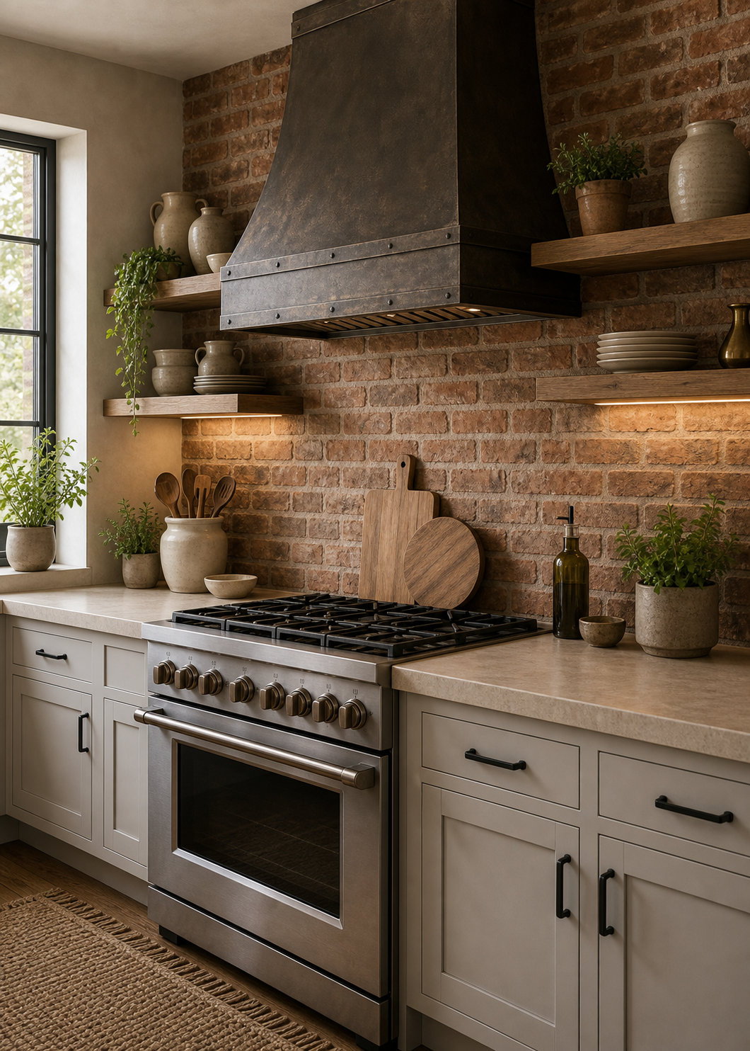 Modern rustic kitchen with a full brick range wall, dark riveted hood, open timber shelves, steel range, pale counters and cabinets, plants, and side window