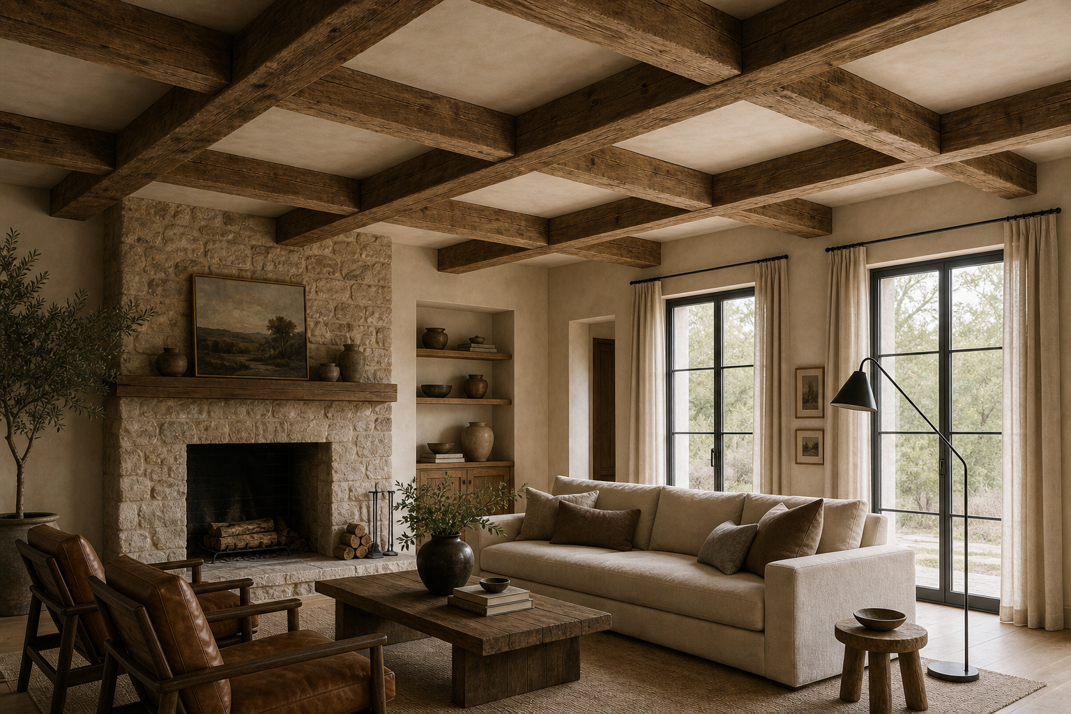 Modern Rustic Living Room Ceiling Beam Grid featuring a deep timber-toned beam grid covering the living-room ceiling