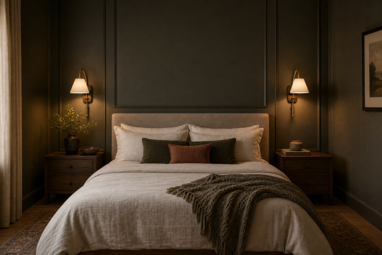 Moody bedroom with paired brass-toned shaded wall sconces, dark wall molding, pale upholstered bed, matching timber nightstands, neutral bedding, and soft curtains