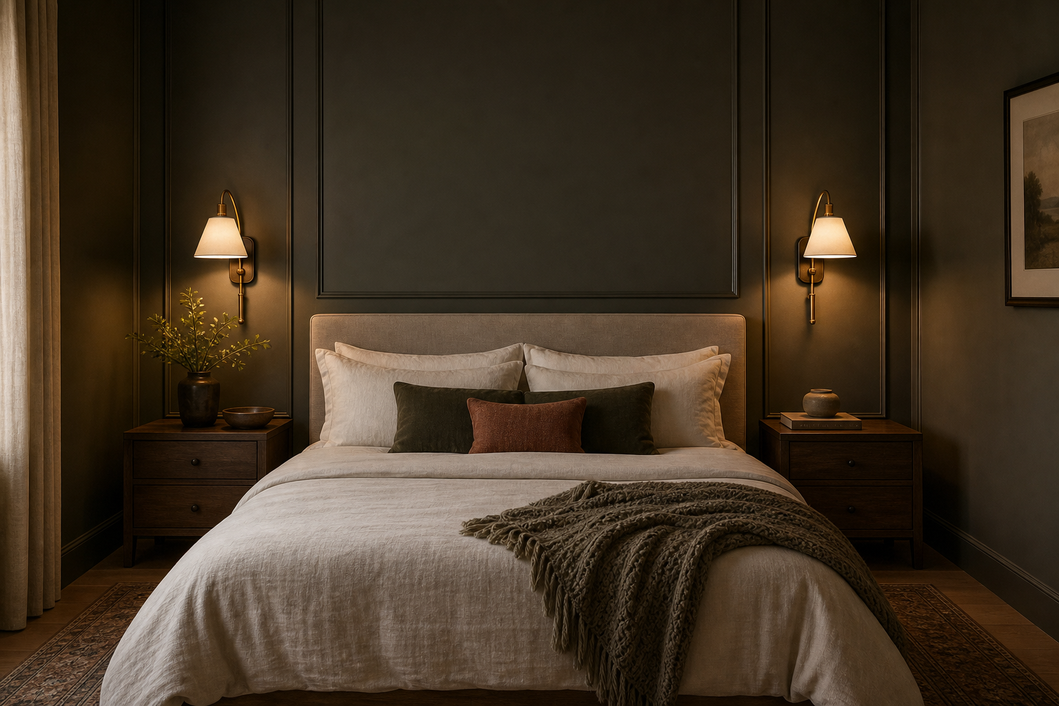 Moody bedroom with paired brass-toned shaded wall sconces, dark wall molding, pale upholstered bed, matching timber nightstands, neutral bedding, and soft curtains