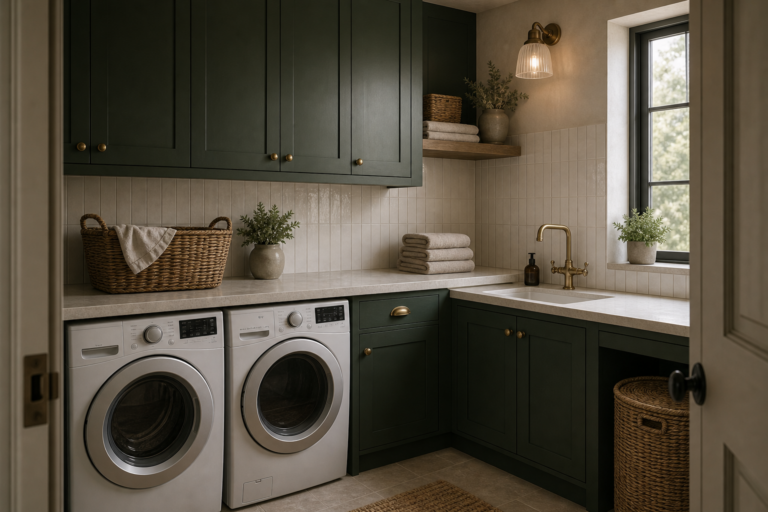 Moody Laundry Room Deep Green Cabinet featuring deep green cabinetry wrapping white laundry machines and a pale counter