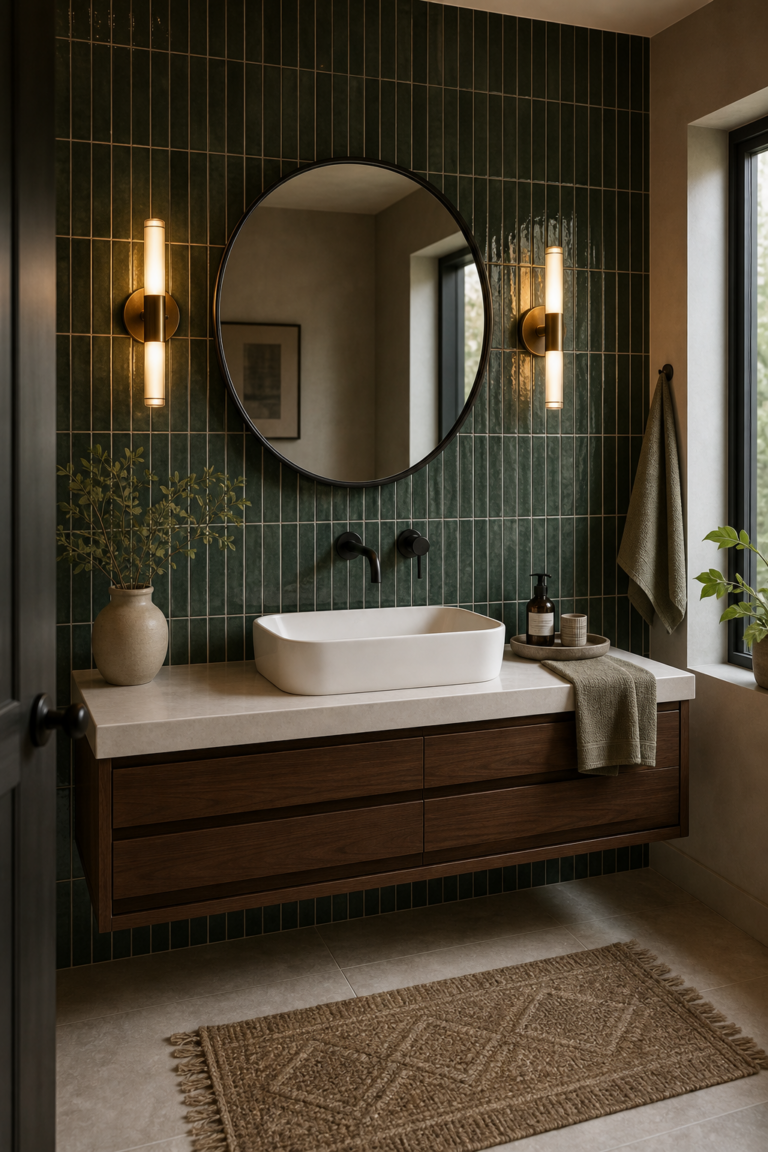 Moody modern bathroom with full-height deep green vertical tile, a round black mirror, twin sconces, white vessel basin, pale counter, and dark floating vanity