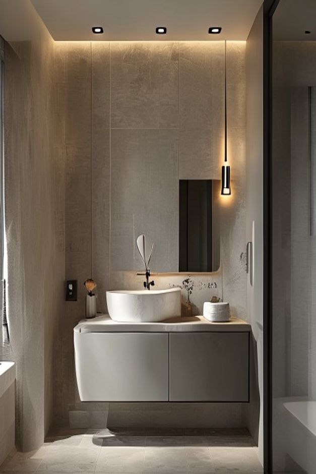 Warm Minimalist Bathroom Asymmetrical Mirror Ideas