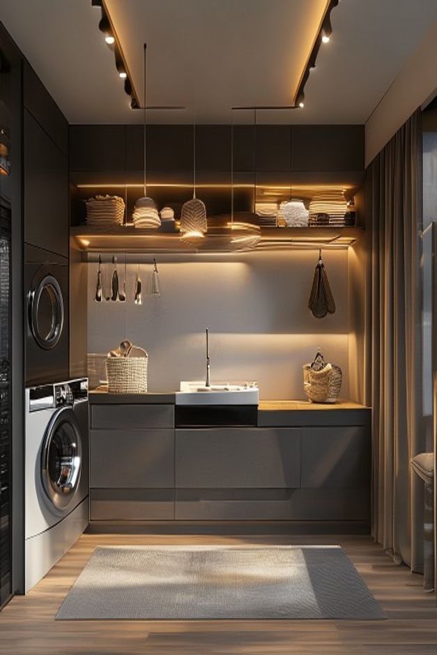 Moody modern laundry room with a glowing ceiling edge, black track lights, textured pendants, illuminated shelf, stacked machines, and dark cabinetry