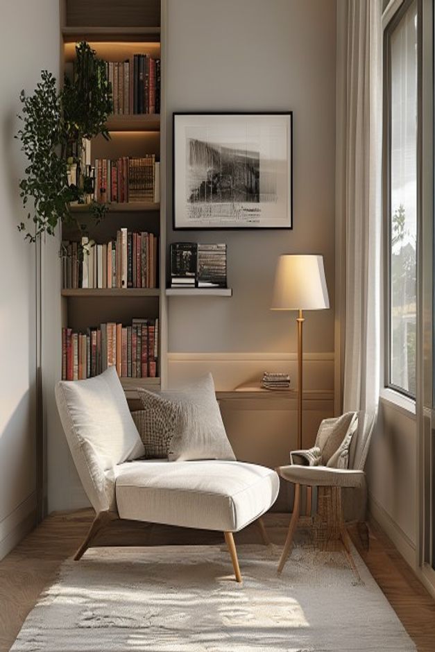 Modern Window Reading Nook with Slim Built-In Shelves