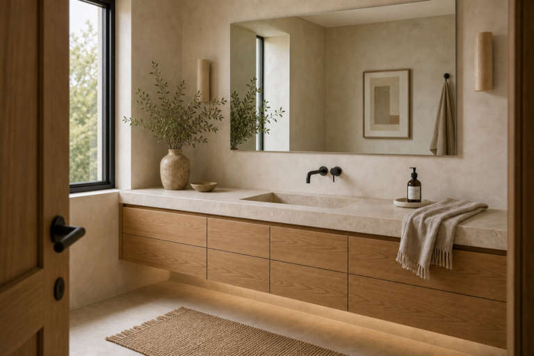 Organic Modern Bathroom Long Floating Vanity featuring a long timber-toned vanity floating above an uninterrupted floor line